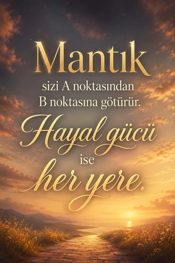 Gün batımında ufka uzanan taş yol fonunda, “Mantık sizi A noktasından B noktasına götürür. Hayal gücü ise her yere.” sözü yer alıyor.