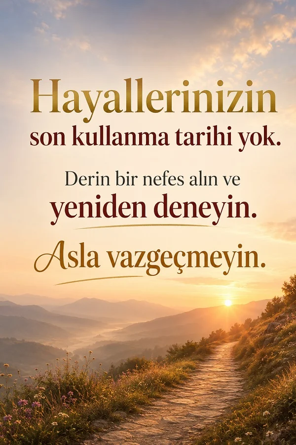 Gün doğumunda dağ yolunun görüldüğü fonda, “Hayallerinizin son kullanma tarihi yok. Derin bir nefes alın ve yeniden deneyin. Asla vazgeçmeyin.” sözü bulunuyor.