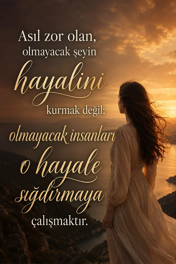 Gün batımında denize bakan bir kadın fonunda, “Asıl zor olan, olmayacak şeyin hayalini kurmak değil; olmayacak insanları o hayale sığdırmaya çalışmaktır.” sözü yer alıyor.