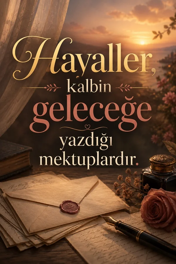 Masa üzerinde zarflar, kalem ve gül bulunan sıcak tonlu fonda, “Hayaller, kalbin geleceğe yazdığı mektuplardır.” sözü yazıyor.