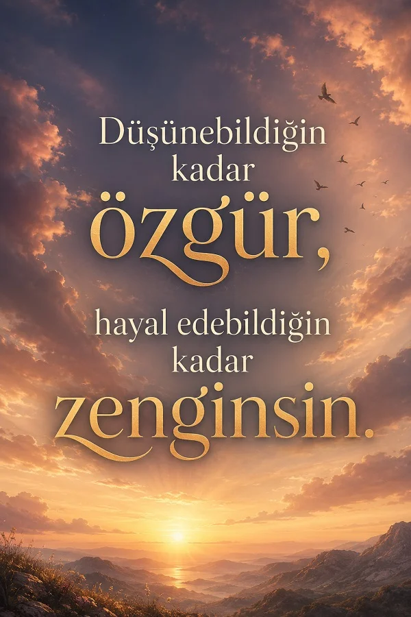 Bulutlu gün doğumu manzarası ve uçan kuşlar eşliğinde, “Düşünebildiğin kadar özgür, hayal edebildiğin kadar zenginsin.” sözü yer alıyor.