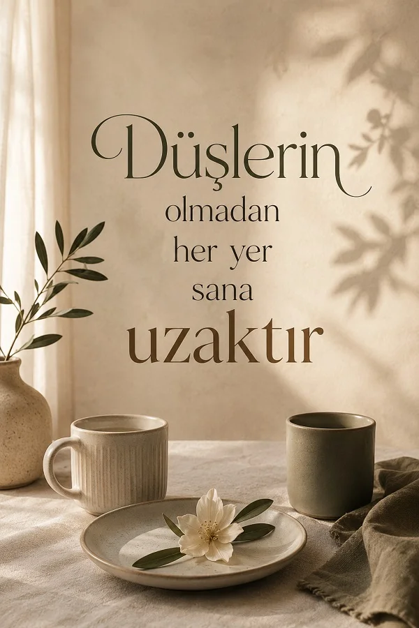 Minimal bir masa üzerinde iki fincan ve beyaz çiçek bulunan fonda, “Düşlerin olmadan her yer sana uzaktır” sözü yer alıyor.