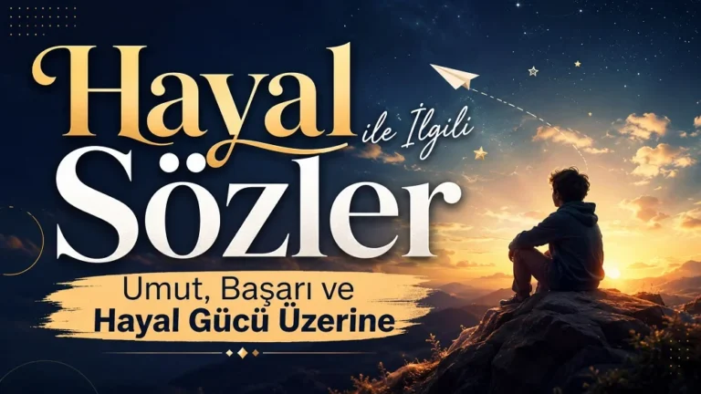 Gün batımı manzarasında kayanın üzerinde oturan bir kişi, gökyüzündeki yıldızlara ve kâğıt uçağa bakarken “Hayal ile İlgili Sözler Umut, Başarı ve Hayal Gücü Üzerine” başlığı yer alıyor.