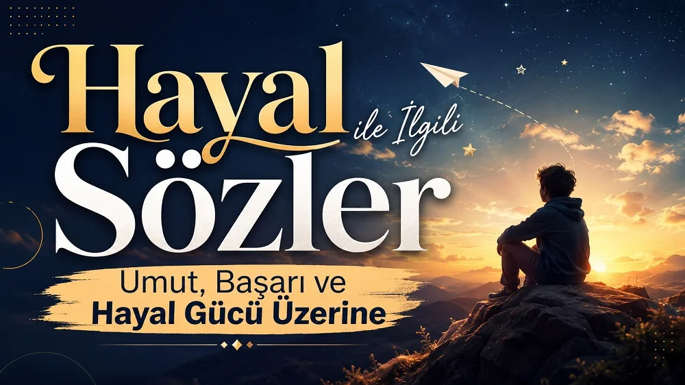 Gün batımı manzarasında kayanın üzerinde oturan bir kişi, gökyüzündeki yıldızlara ve kâğıt uçağa bakarken “Hayal ile İlgili Sözler Umut, Başarı ve Hayal Gücü Üzerine” başlığı yer alıyor.