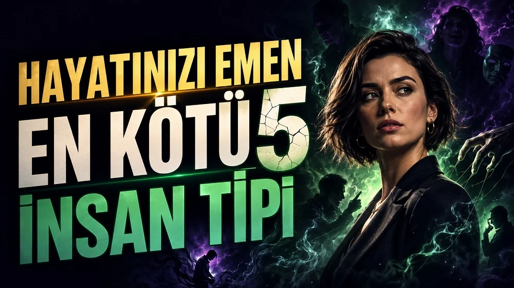 Hayatınızı Emen En Kötü 5 İnsan Tipi başlıklı, karanlık arka plan, duman efektleri, toksik insan silüetleri, manipülasyon detayları ve ciddi bakışlı kadın figürü içeren kişisel gelişim kapak tasarımı.