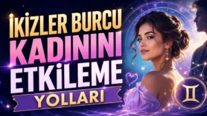 İkizler Burcu Kadınını Etkileme Yolları başlıklı, zarif kadın figürü, İkizler burcu sembolü, astroloji çemberi ve romantik atmosfer detayları bulunan modern astroloji kapak görseli.
