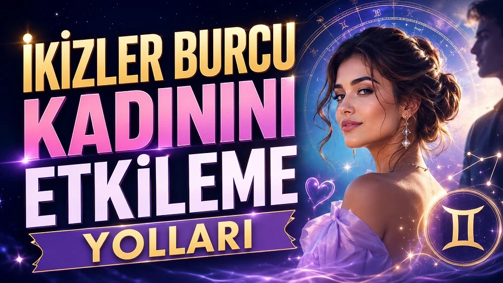 İkizler Burcu Kadınını Etkileme Yolları başlıklı, zarif kadın figürü, İkizler burcu sembolü, astroloji çemberi ve romantik atmosfer detayları bulunan modern astroloji kapak görseli.