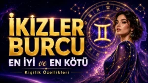 İkizler burcunun en iyi ve en kötü kişilik özelliklerini anlatan; İkizler sembolü, burç çarkı, yıldızlı gökyüzü ve kadın figürü içeren mor altın tonlarda astrolojik kapak görseli.