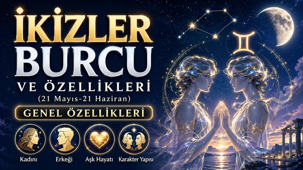 İkizler burcu başlığı, ikili insan figürleri, yıldızlı gökyüzü, ay, burç sembolü ve genel özellik simgeleriyle hazırlanmış astroloji kapak görseli.