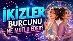 İkizler Burcunu Ne Mutlu Eder başlıklı, ikiz kadın figürleri, İkizler burcu sembolü, astroloji çemberi, yıldızlar, kitap, defter, kahve ve sohbet ikonları içeren astroloji kapak tasarımı.