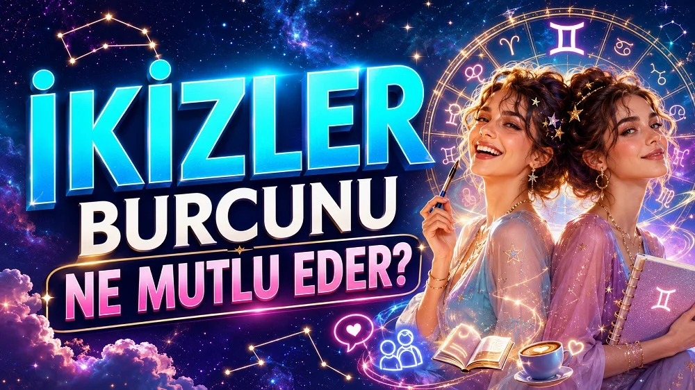 İkizler Burcunu Ne Mutlu Eder başlıklı, ikiz kadın figürleri, İkizler burcu sembolü, astroloji çemberi, yıldızlar, kitap, defter, kahve ve sohbet ikonları içeren astroloji kapak tasarımı.