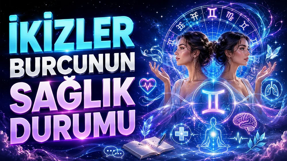İkizler Burcunun Sağlık Durumu başlıklı, ikiz kadın figürleri, İkizler burcu sembolü, astroloji çemberi, kalp, akciğer, beyin ve sağlık simgeleri içeren astroloji kapak tasarımı.