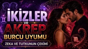 İkizler ve Akrep Burcu Uyumu: Zeka ve Tutkunun Çekimi başlıklı, romantik çift figürü, İkizler ve Akrep burcu sembolleri, akrep detayı ve astroloji çemberi bulunan modern kapak görseli.
