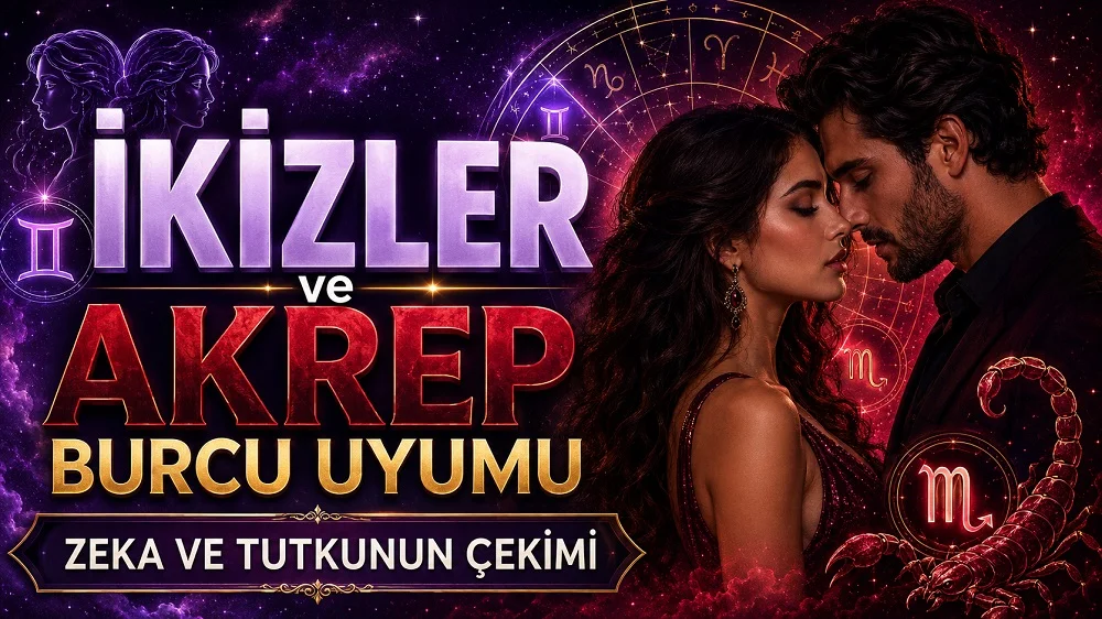 İkizler ve Akrep Burcu Uyumu: Zeka ve Tutkunun Çekimi başlıklı, romantik çift figürü, İkizler ve Akrep burcu sembolleri, akrep detayı ve astroloji çemberi bulunan modern kapak görseli.