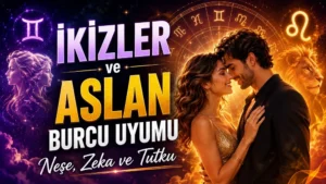 İkizler ve Aslan Burcu Uyumu: Neşe, Zeka ve Tutku başlıklı, romantik çift figürü, İkizler ve Aslan burcu sembolleri, aslan detayı ve astroloji çemberi bulunan modern kapak görseli.