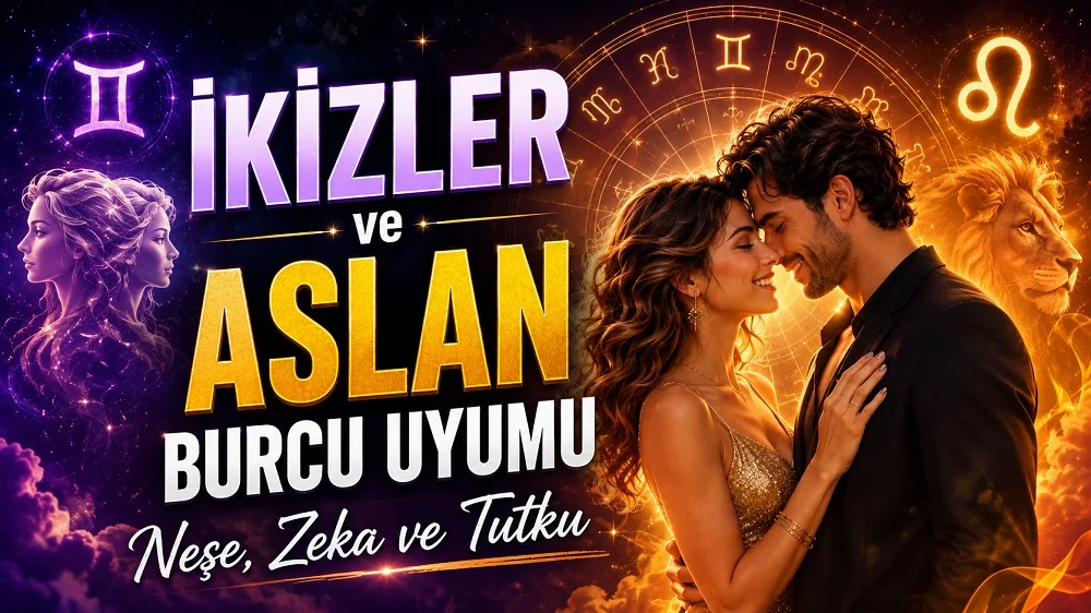 İkizler ve Aslan Burcu Uyumu: Neşe, Zeka ve Tutku başlıklı, romantik çift figürü, İkizler ve Aslan burcu sembolleri, aslan detayı ve astroloji çemberi bulunan modern kapak görseli.