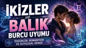 İkizler ve Balık Burcu Uyumu: Özgürlük, Romantizm ve Duygusal Denge başlıklı, romantik çift figürü, İkizler ve Balık burcu sembolleri, balık detayları, su dalgaları ve astroloji çemberi bulunan modern kapak görseli.