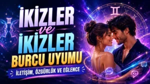 İkizler ve İkizler Burcu Uyumu: İletişim, Özgürlük ve Eğlence başlıklı, romantik çift figürü, İkizler burcu sembolleri, sohbet ikonları ve astroloji çemberi bulunan modern kapak görseli.