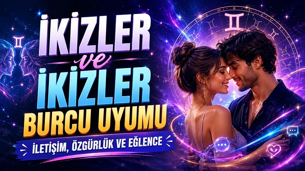 İkizler ve İkizler Burcu Uyumu: İletişim, Özgürlük ve Eğlence başlıklı, romantik çift figürü, İkizler burcu sembolleri, sohbet ikonları ve astroloji çemberi bulunan modern kapak görseli.