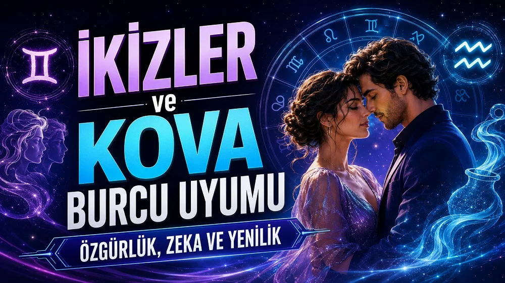 İkizler ve Kova Burcu Uyumu: Özgürlük, Zeka ve Yenilik başlıklı, romantik çift figürü, İkizler ve Kova burcu sembolleri, astroloji çemberi ve su dalgası detayları bulunan modern kapak görseli.