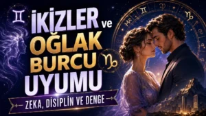 İkizler ve Oğlak Burcu Uyumu: Zeka, Disiplin ve Denge başlıklı, romantik çift figürü, İkizler ve Oğlak burcu sembolleri, astroloji çemberi, şehir ve dağ detayları bulunan modern kapak görseli.