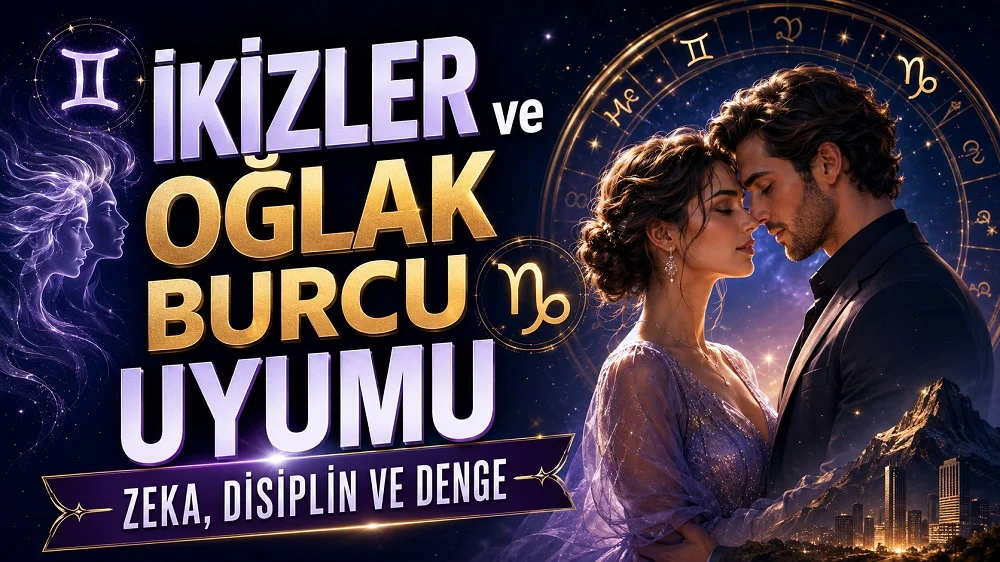 İkizler ve Oğlak Burcu Uyumu: Zeka, Disiplin ve Denge başlıklı, romantik çift figürü, İkizler ve Oğlak burcu sembolleri, astroloji çemberi, şehir ve dağ detayları bulunan modern kapak görseli.