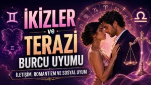 İkizler ve Terazi Burcu Uyumu: İletişim, Romantizm ve Sosyal Uyum başlıklı, romantik çift figürü, İkizler ve Terazi burcu sembolleri, terazi detayı ve astroloji çemberi bulunan modern kapak görseli.