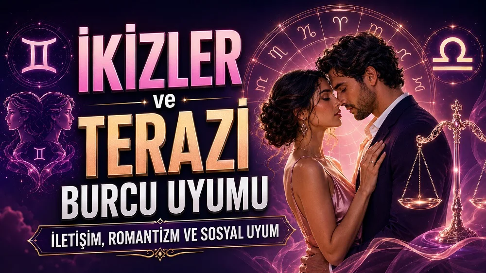 İkizler ve Terazi Burcu Uyumu: İletişim, Romantizm ve Sosyal Uyum başlıklı, romantik çift figürü, İkizler ve Terazi burcu sembolleri, terazi detayı ve astroloji çemberi bulunan modern kapak görseli.