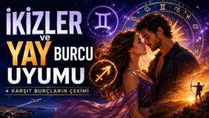 İkizler ve Yay Burcu Uyumu: Karşıt Burçların Çekimi başlıklı, romantik çift figürü, İkizler ve Yay burcu sembolleri, okçu detayı, astroloji çemberi ve gün batımı atmosferi bulunan modern kapak görseli.