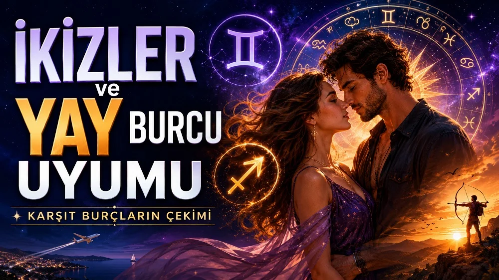 İkizler ve Yay Burcu Uyumu: Karşıt Burçların Çekimi başlıklı, romantik çift figürü, İkizler ve Yay burcu sembolleri, okçu detayı, astroloji çemberi ve gün batımı atmosferi bulunan modern kapak görseli.