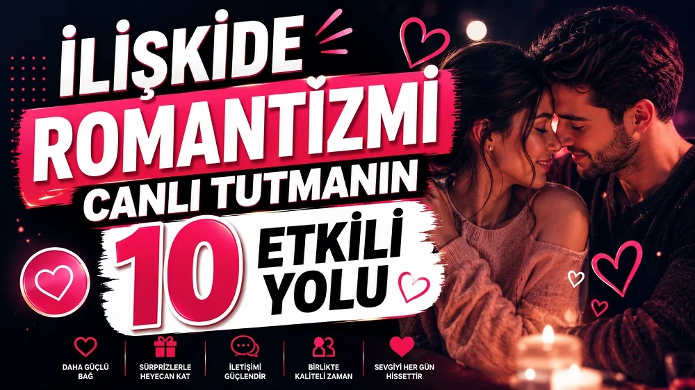 İlişkide Romantizmi Canlı Tutmanın 10 Etkili Yolu başlıklı, romantik çift figürlü, siyah ve pembe tonlarında hazırlanmış modern ilişki kapak görseli.