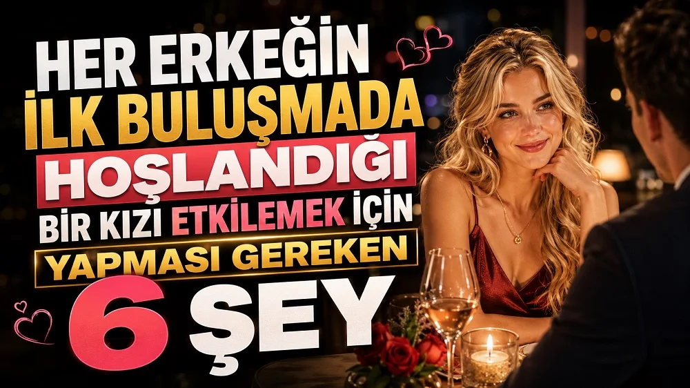 Her Erkeğin İlk Buluşmada Hoşlandığı Bir Kızı Etkilemek İçin Yapması Gereken 6 Şey başlıklı, romantik restoranda buluşan çift, sarışın kadın, mum ışığı, kalp detayları ve sıcak akşam atmosferi içeren ilişki temalı kapak tasarımı.