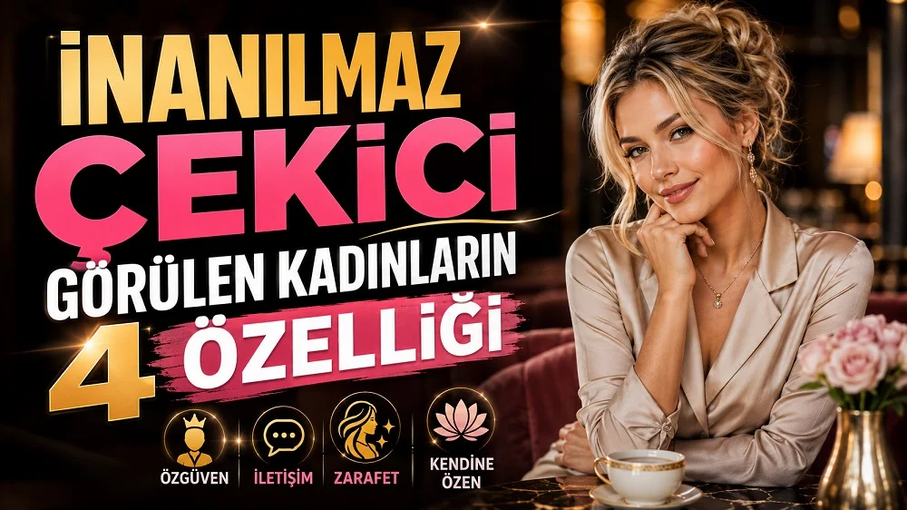 İnanılmaz Çekici Görülen Kadınların 4 Özelliği başlıklı, şık ortamda oturan sarışın kadın, özgüven, iletişim, zarafet ve kendine özen ikonları içeren kişisel gelişim kapak tasarımı.