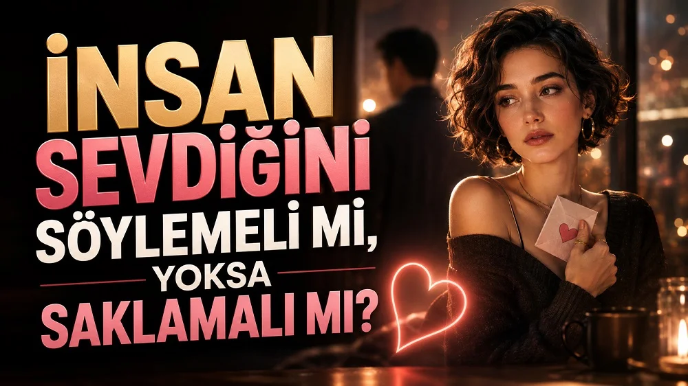 İnsan Sevdiğini Söylemeli mi Yoksa Saklamalı mı başlıklı, elinde kalpli zarf tutan düşünceli kadın, arka planda erkek silüeti, kalp sembolü ve sıcak loş ışıklar içeren ilişki temalı kapak tasarımı.