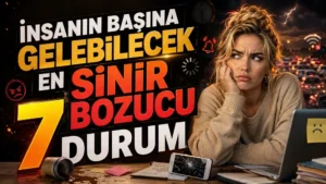 İnsanın Başına Gelebilecek En Sinir Bozucu 7 Durum başlıklı, bunalmış sarışın kadın, trafik sıkışıklığı, kırık telefon, bilgisayar, dökülen kahve ve uyarı ikonları içeren kişisel gelişim kapak tasarımı.