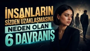 İnsanların Sizden Uzaklaşmasına Neden Olan 6 Davranış başlıklı, düşünceli kadın figürü, uzaklaşan insan silüetleri, çatlak yol ve karanlık dramatik arka plan içeren kişisel gelişim kapak tasarımı.