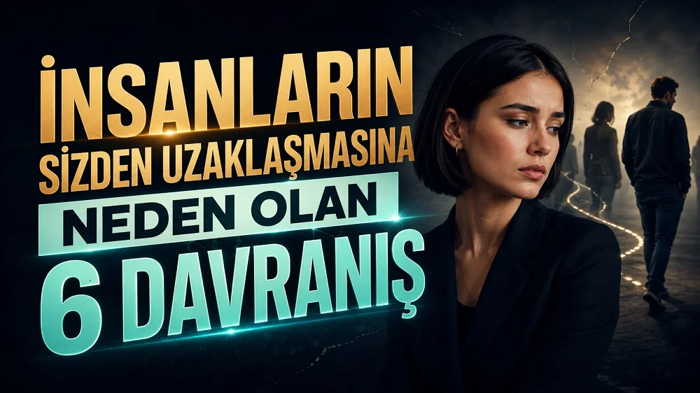 İnsanların Sizden Uzaklaşmasına Neden Olan 6 Davranış başlıklı, düşünceli kadın figürü, uzaklaşan insan silüetleri, çatlak yol ve karanlık dramatik arka plan içeren kişisel gelişim kapak tasarımı.