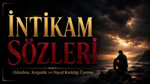 Karanlık deniz kıyısında yalnız oturan bir kişi ve fırtınalı gökyüzü eşliğinde “İntikam Sözleri Aldatılma, Kırgınlık ve Hayal Kırıklığı Üzerine” başlığının yer aldığı modern kapak görseli.