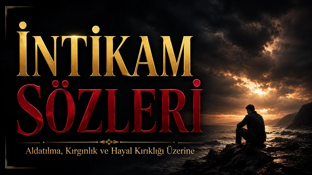 Karanlık deniz kıyısında yalnız oturan bir kişi ve fırtınalı gökyüzü eşliğinde “İntikam Sözleri Aldatılma, Kırgınlık ve Hayal Kırıklığı Üzerine” başlığının yer aldığı modern kapak görseli.