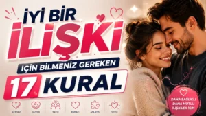 İyi Bir İlişki İçin Bilmeniz Gereken 17 Kural başlıklı, çift figürlü, pembe ve lacivert tonlarda hazırlanmış modern ilişki temalı kapak görseli.