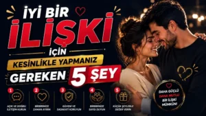 İyi Bir İlişki İçin Kesinlikle Yapmanız Gereken 5 Şey başlıklı, mutlu çift figürlü, koyu lacivert, kırmızı ve altın tonlarında hazırlanmış modern ilişki temalı kapak görseli.