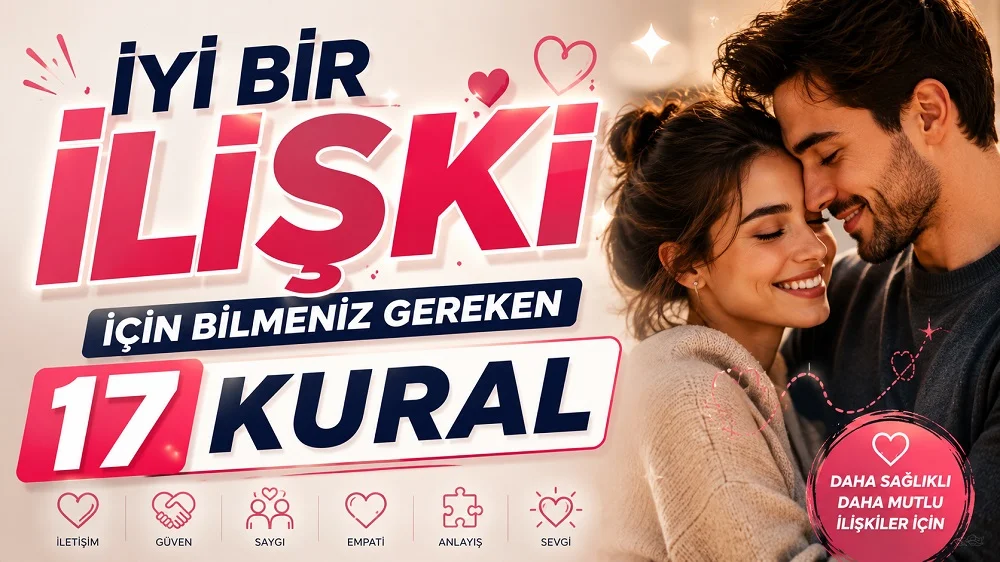 İyi Bir İlişki İçin Bilmeniz Gereken 17 Kural başlıklı, çift figürlü, pembe ve lacivert tonlarda hazırlanmış modern ilişki temalı kapak görseli.