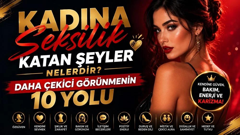 Kadına Seksilik Katan Şeyler Nelerdir? Daha Çekici Görünmenin 10 Yolu başlıklı, kadın figürlü, kırmızı siyah ve altın tonlarında hazırlanmış modern çekicilik ve özgüven temalı kapak görseli.