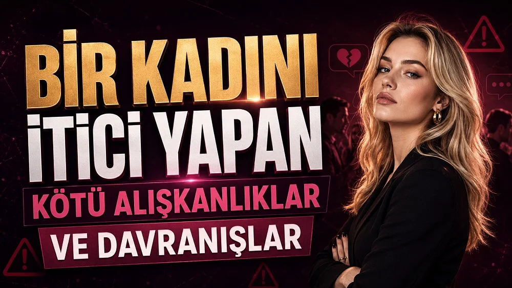 Bir Kadını İtici Yapan Kötü Alışkanlıklar ve Davranışlar başlıklı, sarışın kadın figürü, uyarı işaretleri, koyu arka plan ve ilişki sorunlarını çağrıştıran detaylar içeren kişisel gelişim kapak tasarımı.