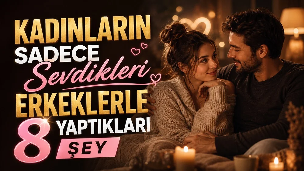 Kadınların Sadece Sevdikleri Erkeklerle Yaptıkları 8 Şey başlıklı, sıcak ışıklar altında birbirine sevgiyle bakan çift, kalp detayları, mum ışığı ve romantik ev atmosferi içeren ilişki temalı kapak tasarımı.