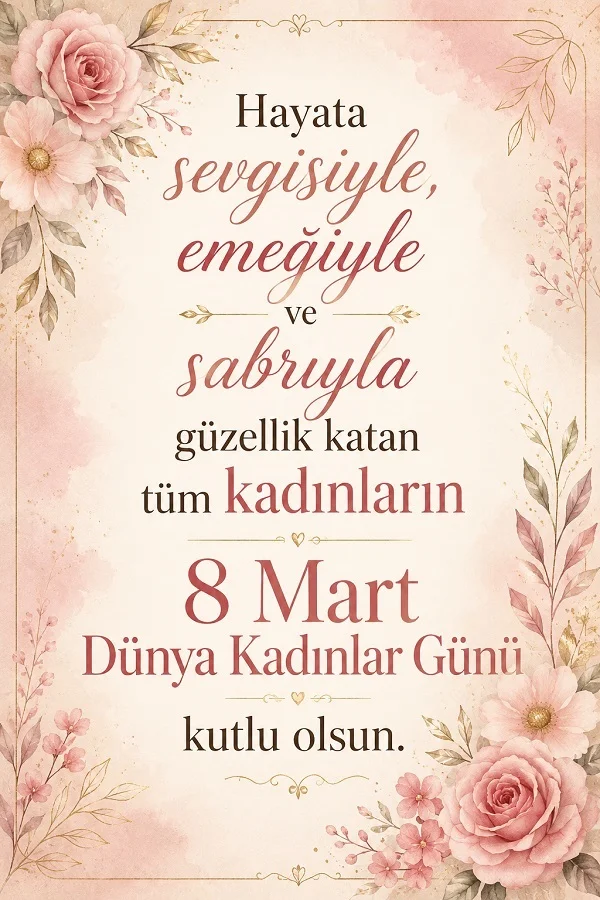 Pembe çiçeklerle çerçevelenmiş zarif bir fonda, tüm kadınların 8 Mart Dünya Kadınlar Günü’nü kutlayan yazılı tasarım.
