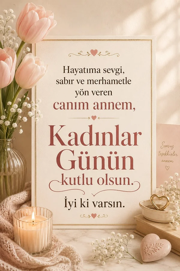 Laleler, mum ve dekoratif objeler eşliğinde anneye hitap eden Kadınlar Günü mesajının yer aldığı sıcak tonlu tasarım.