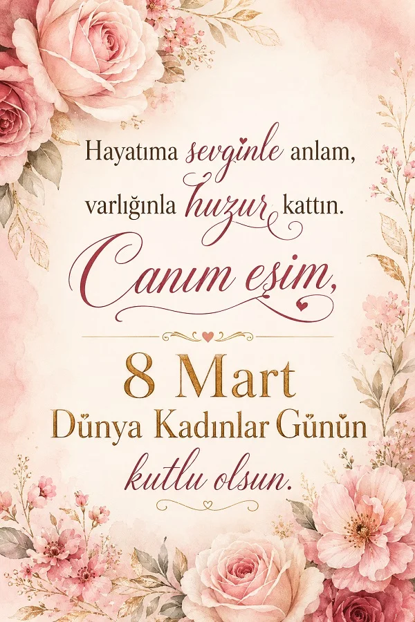 Pembe çiçeklerle çevrili fonda, eşe hitaben yazılmış Dünya Kadınlar Günü kutlama mesajı bulunan romantik tasarım.