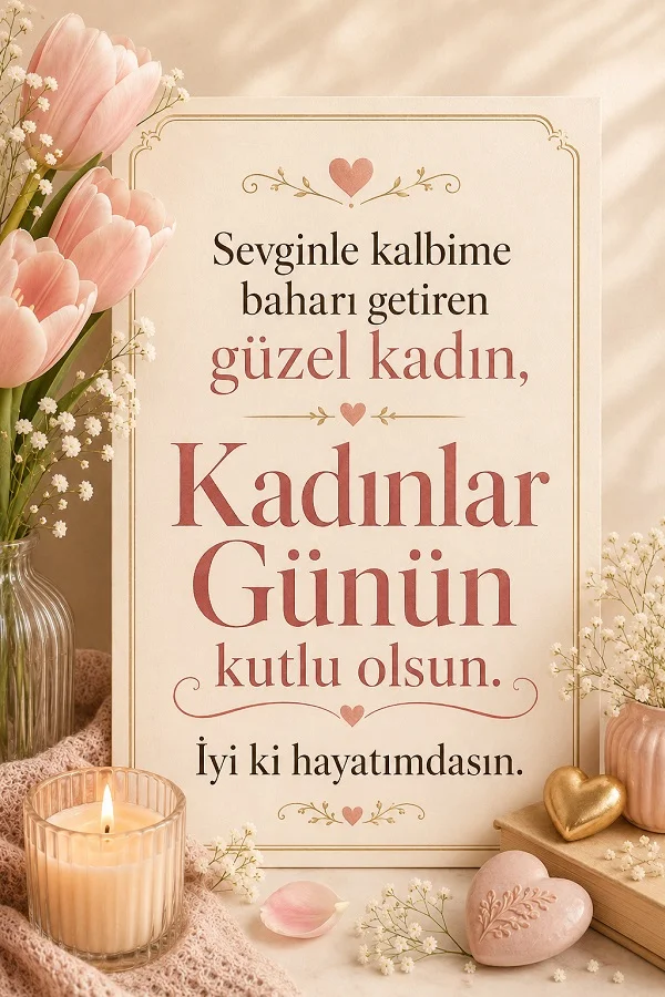 Laleler ve mum ışığıyla dekore edilmiş fonda, sevilen kadına yazılmış Kadınlar Günü kutlama mesajı bulunan tasarım.