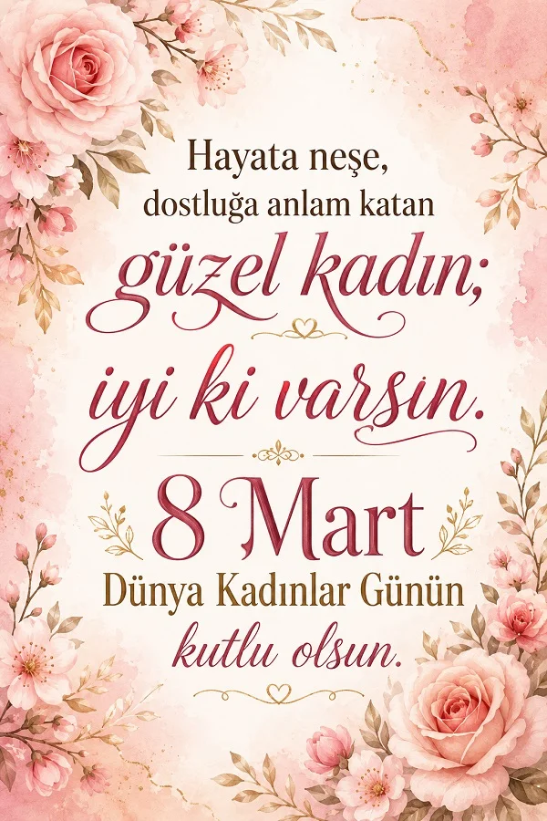 Çiçeklerle çevrili pembe tonlu fonda, güzel kadınlara hitap eden 8 Mart Dünya Kadınlar Günü kutlama mesajı.